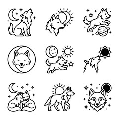 Obraz premium Cute Wolf Illustrations Set: Night Sky, Moon, Sun, Stars & Space Elements