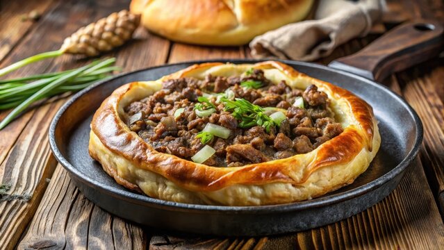 Traditional German savory pastry filled with minced meat and saut?ed onions in a hot skillet, onions, cooking