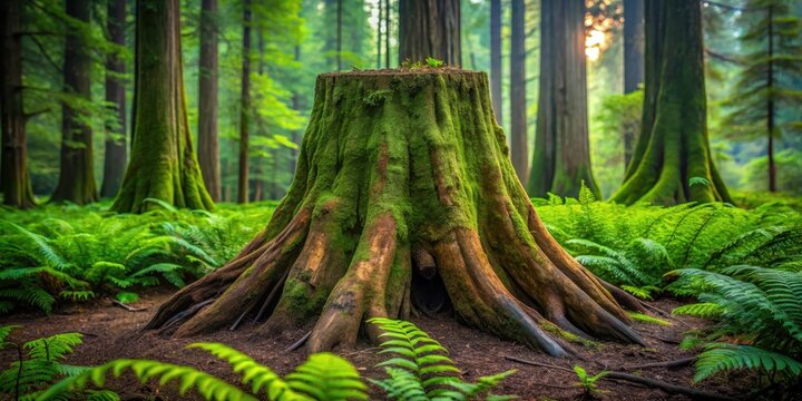 A single tree trunk rises from the earth, its rugged surface weathered by time and nature's elements, surrounded by a carpet of vibrant green leaves and ferns, weathered, greenery