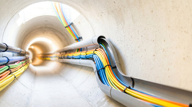 Underground cable duct concrete conduit with colorful pipes  