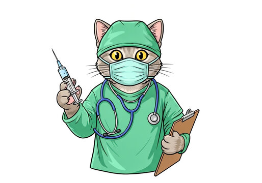 Cute cartoon cat doctor holding a syringe and clipboard