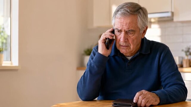 Elderly man receiving a fraudulent phone call at home, scam prevention and financial security