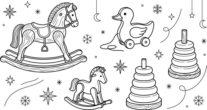Vintage wooden nursery toys line art vector icon set featuring rocking horses pull duck and stacking rings towers