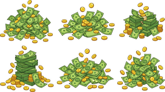Cartoon money piles and gold coins stacks vector illustration, green cash banknotes collection