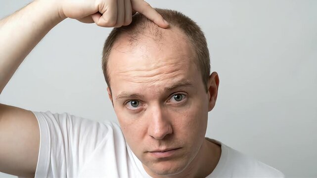 A man points to his hairline, showing concern about his thinning hair.