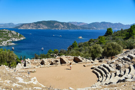 Ancient Amphitheater Overlooking the Sea and Coastal Mountains in Amos, Turkey