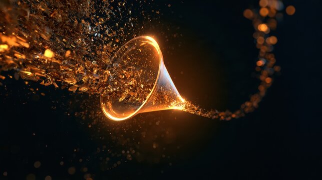 Abstract visual of a funnel representing the innovation pipeline process with raw ideas entering and refined innovations emerging on a dark background