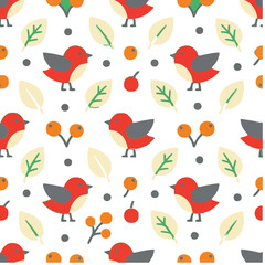 Fototapeta premium Seamless pattern with red birds and leaves