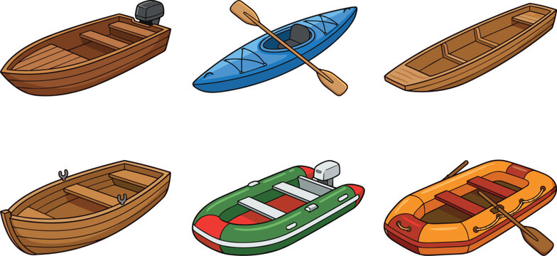 Set of small boats vector illustrations, wooden dinghy, kayak, and inflatable rafts, isolated on white background.