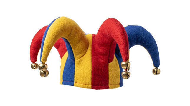 Colorful jester hat with bells for carnival and costume parties on transparent background.