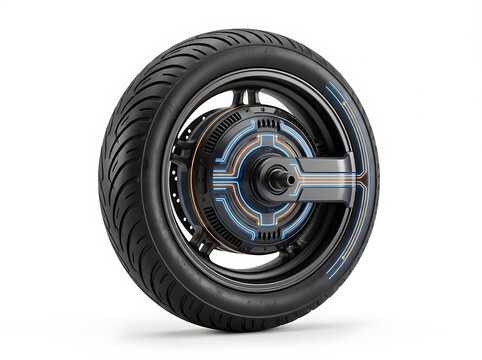Electric Vehicle In Wheel Hub Motor Modern Metallic 3D, Symbol Of Micromobility Powertrain Scooter Tire Smart Drive System Brushless DC Engine Regenerative Braking Urban Transport Tech