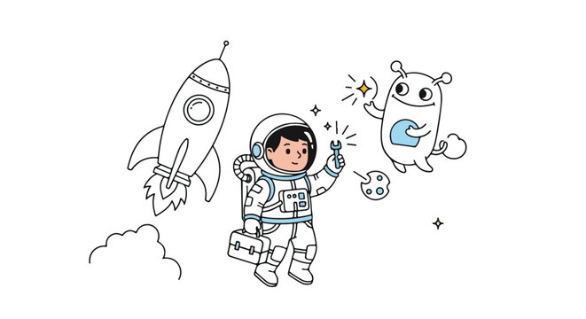 Cute vector illustration of an astronaut with a wrench meeting a friendly alien near a launching rocket in outer space.