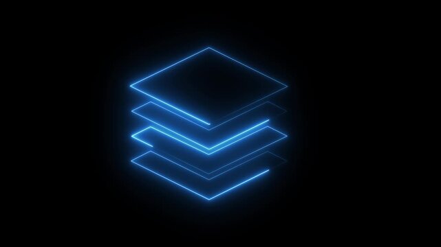 Blue neon animated layers icon representing stacked levels, layout structure, and on transparent