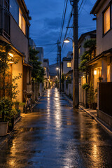 Fototapeta premium Quiet Japanese residential alley after rain at blue hour