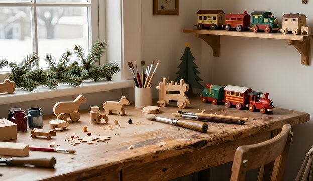 Cozy wooden craft workspace with handmade toys paintbrushes and winter snow outside warm creative atmosphere