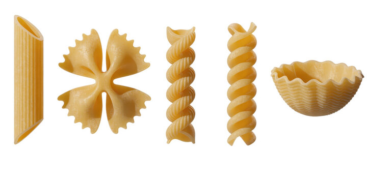 Variety of pasta shapes including penne, farfalle, fusilli, and conchiglie on a transparent background for culinary design and food packaging