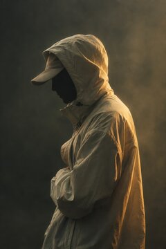 Mysterious figure in protective beige hooded coverall with cap standing against dark background illuminated by dramatic golden light, silhouette portrait evoking secrecy or scientific research