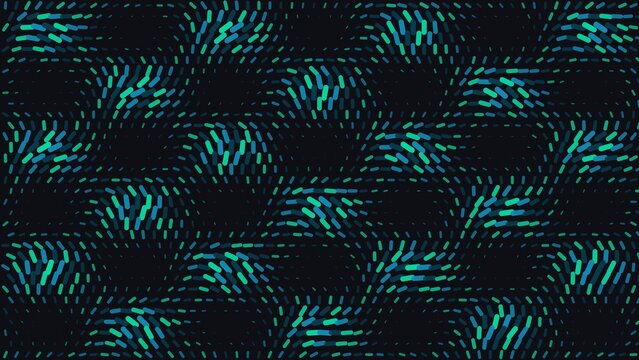 Abstract wave pattern with teal and blue dashed lines on a black background, creating a dynamic geometric ripple effect for dark visuals
