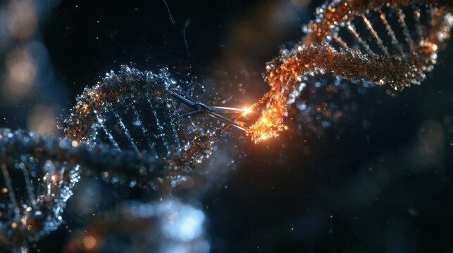 Molecular scissors cut specific dna sequence with guide rna directing enzyme. A glowing point shows precise editing in dark background.
