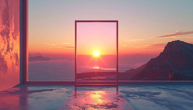 Sunset Framed by Minimal Architecture Over Dramatic Mountain Landscape