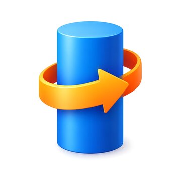 Blue cylinder shape with an orange circular arrow rotating around it as a 3d icon for web and design