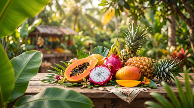 Fresh Exotic Tropical Fruits on Wooden Table with Sunlight Passing Through Forest Background