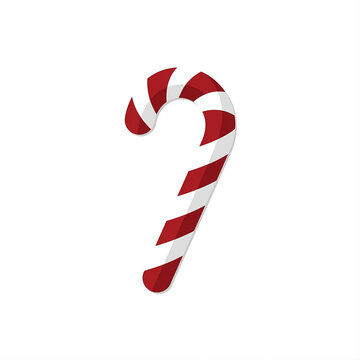 A flat vector illustration of a traditional Christmas candy cane with red and white diagonal stripes, isolated on a white background.