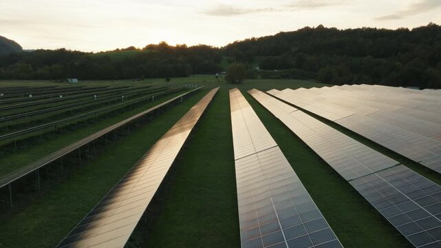 Solar panels are placed in green landscapes with grass and trees at sunset, showing clean energy and environmental protection in action.
