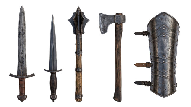 Medieval weapon collection with sword, dagger, mace, axe, and shield isolated on transparent background for historical design