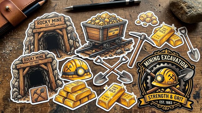 Gold mining sticker set with mine entrance and excavation tools