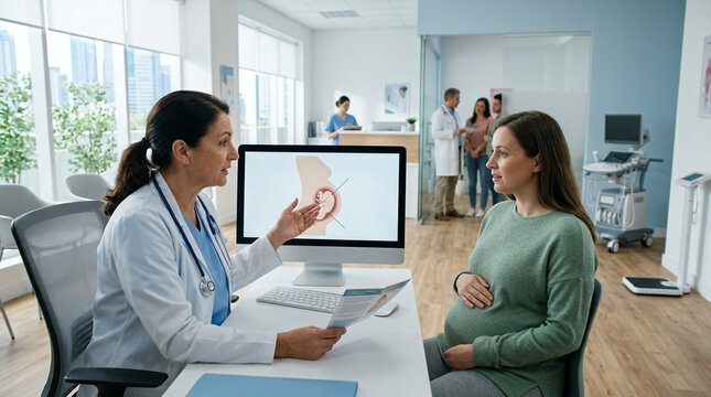 Pregnant woman discussing fetal development with caring female doctor in modern clinic