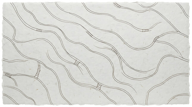 White textured paper background with abstract black wavy line pattern design.