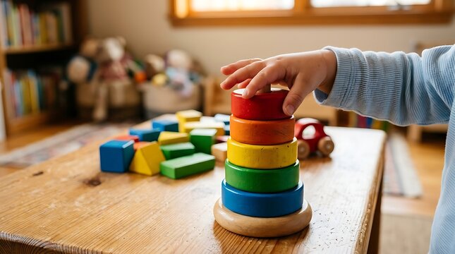 Toddler hand stacking colorful wooden rings toy on table indoors in nursery