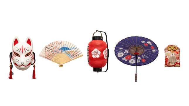 Traditional japanese cultural items including fox mask, fans, lantern, and parasol on transparent background for design and decoration