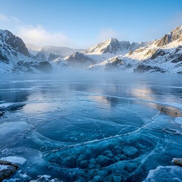 Frozen Alpine Lake with Natural Ice Patterns