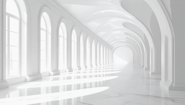 Bright white classical colonnade with arched windows and marble floor