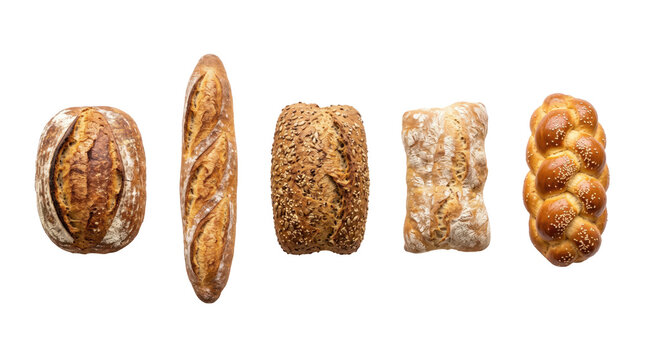 Variety of artisan bread loaves on a transparent background for bakery display and food design