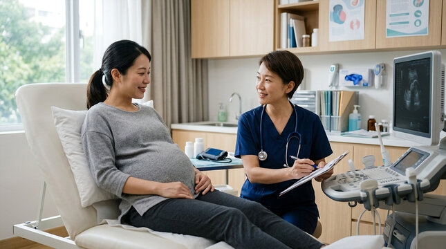 Pregnant woman smiling at a female doctor during a medical checkup in a bright clinic