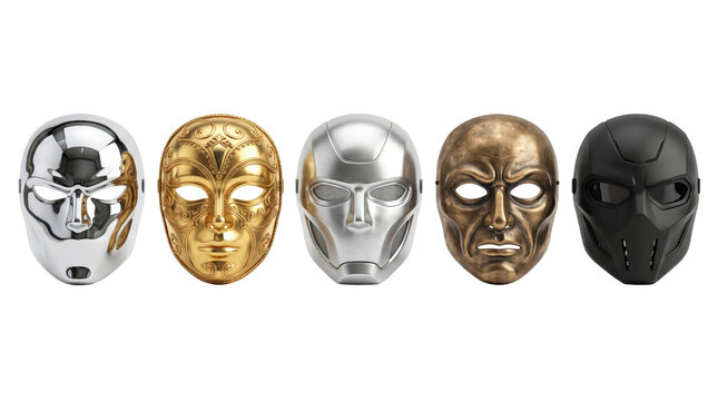 Collection of diverse metallic masks including futuristic and classic styles on a transparent background for design and creative projects