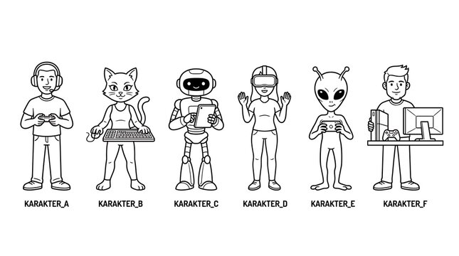 Minimalist character line art set including alien and robot.
