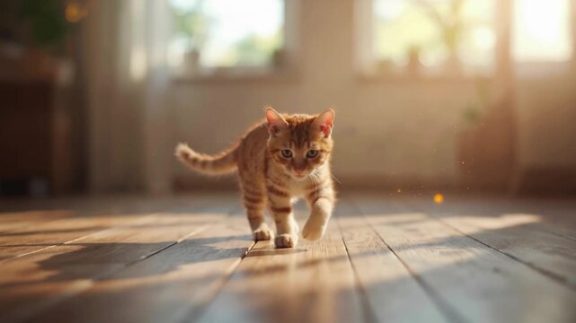 Ginger Kitten Pouncing Indoors on Wooden Floor Bathed in Warm Sunlight Cinematic Lifestyle Scene