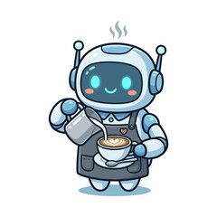 Obraz premium Cute robot barista pouring milk into a coffee cup with latte art in a digital illustration