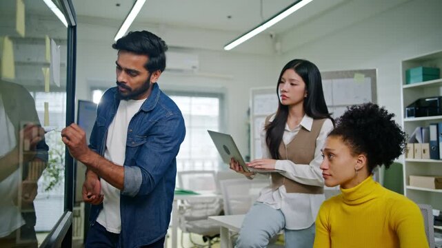 Collaboration and analysis by business people working in office.Planning,innovation,vision,business marketing strategy.Group,team discussing with sticky notes a schedule for future project together
