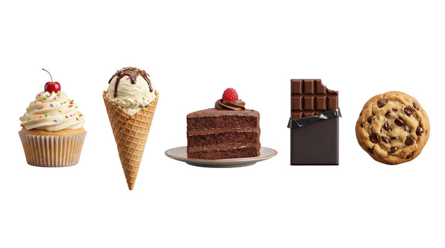Assorted desserts including cupcake, ice cream, chocolate cake, candy bar, and cookie on transparent background for design elements