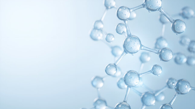 3D molecular structure with translucent glossy atoms and bonds in clean blue gradient background for chemistry visualization