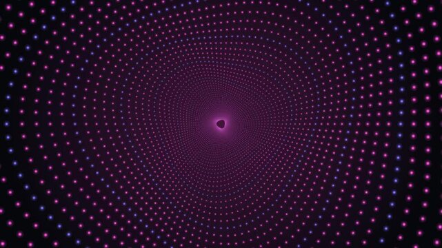 An abstract tunnel effect made of glowing purple and blue LED dots. Perfect for sci-fi backgrounds, tech intros, or psychedelic visuals. High-quality 4K loop animation.