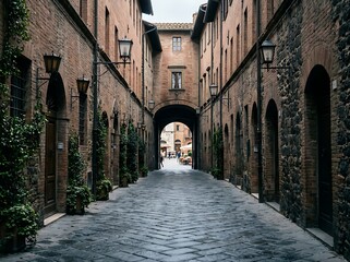 Obraz premium Narrow historic cobblestone alleyway between old brick buildings in Italy