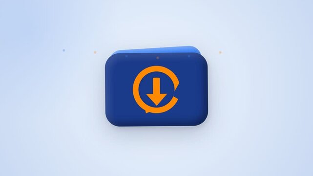 A 3D rendered blue button with an orange download icon on a light background.