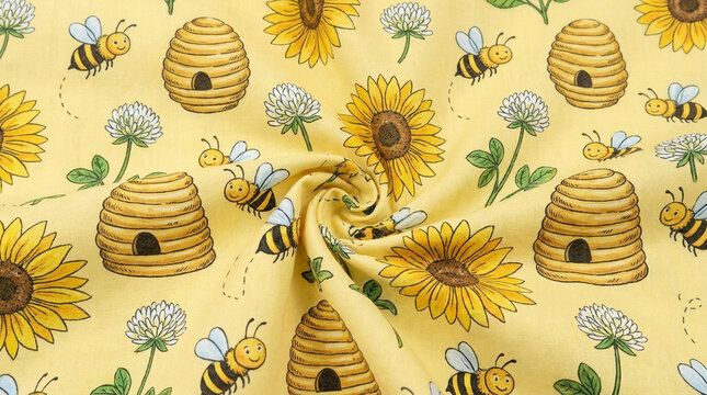 Cheerful fabric pattern featuring busy bees flying around hives and flowers