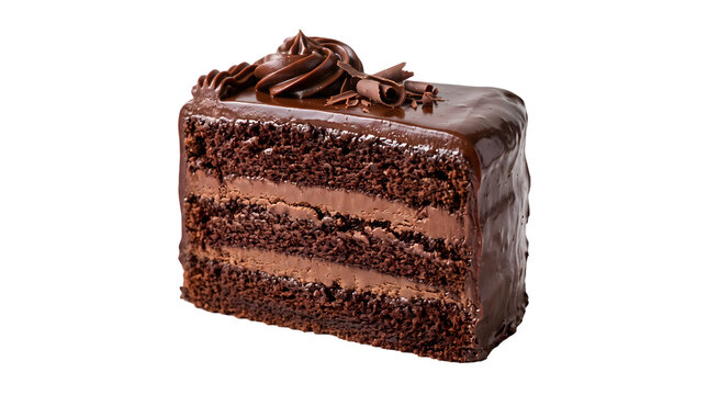 Decadent Chocolate Cake Slice with Rich Frosting and Chocolate Curls